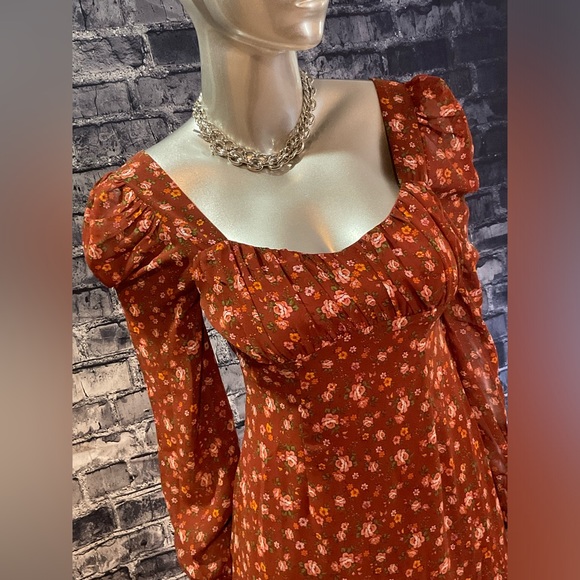 Rust Floral Print Long Sleeve Babydoll Dress - Picture 8 of 8
